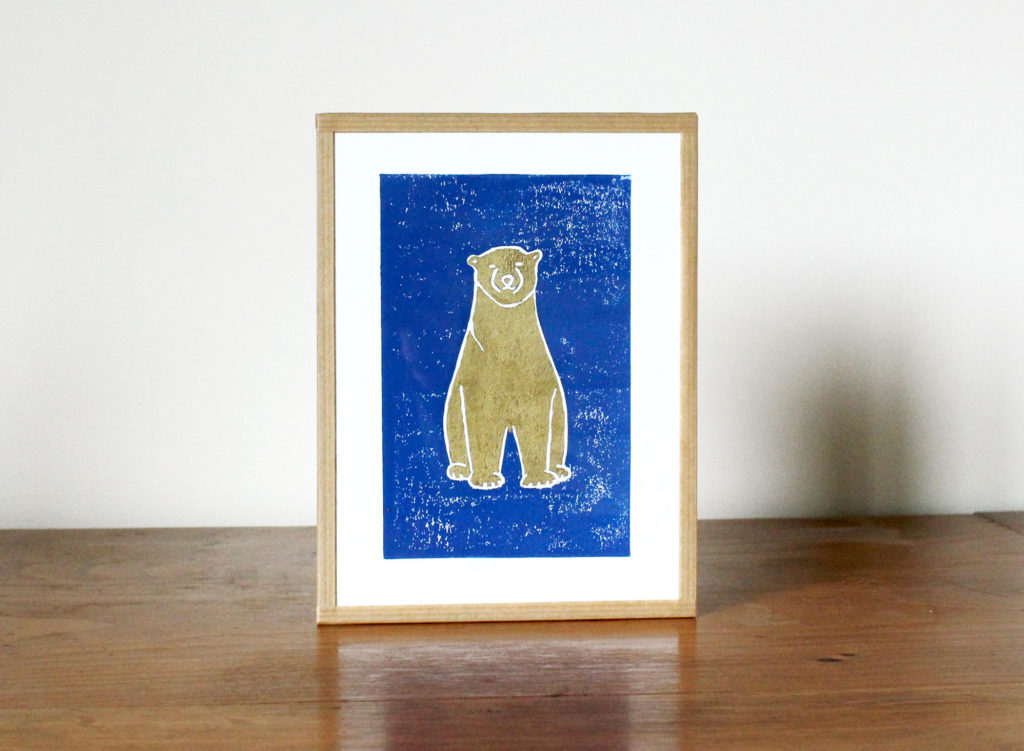 Linogravures ours bleu et or