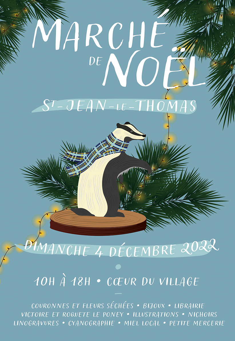Affiche du Marché de Noël aux Pétales de la Baie à Saint Jean le Thomas par Atelier Bruine en 2022
